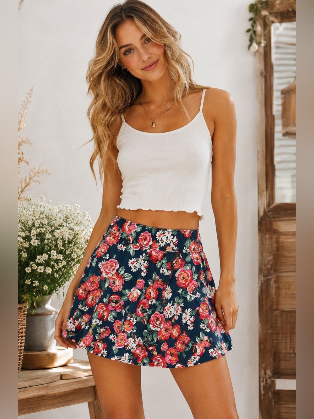 Abercrombie & Fitch Floral Mini Skirt Medium Navy Rose Stretch Cotton NWT